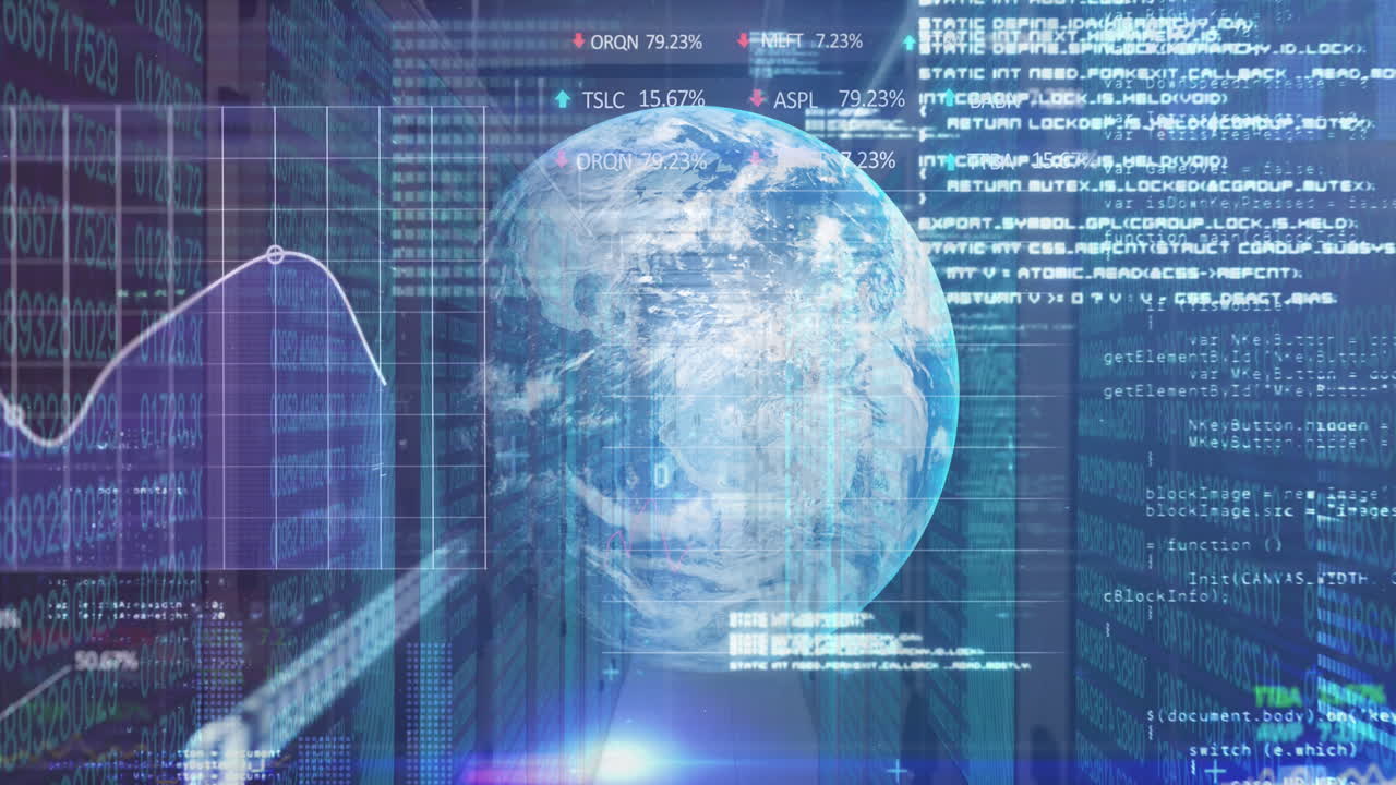 Data and graphs floating with globe spinning over room made of screens