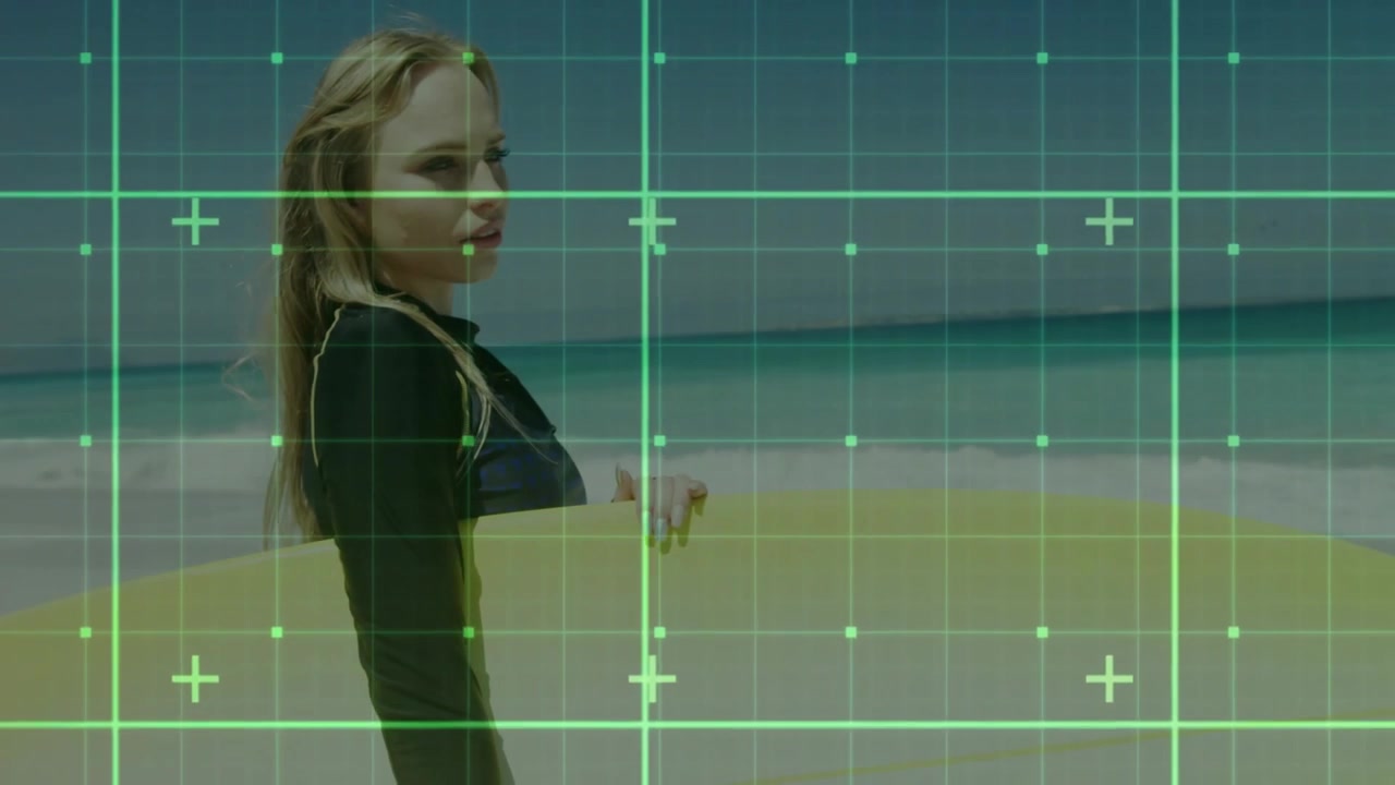 Tech demo showing grid overlay activating scanning female surfer with crosshair mapping board