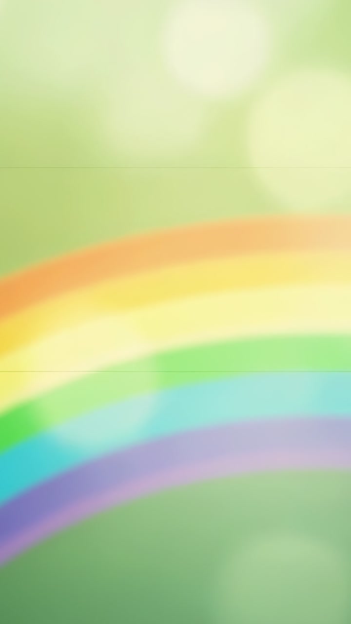 Video vertical: Arcoíris animado que asciende y brilla sobre un verde pastel para fondo de pantalla con bokeh.