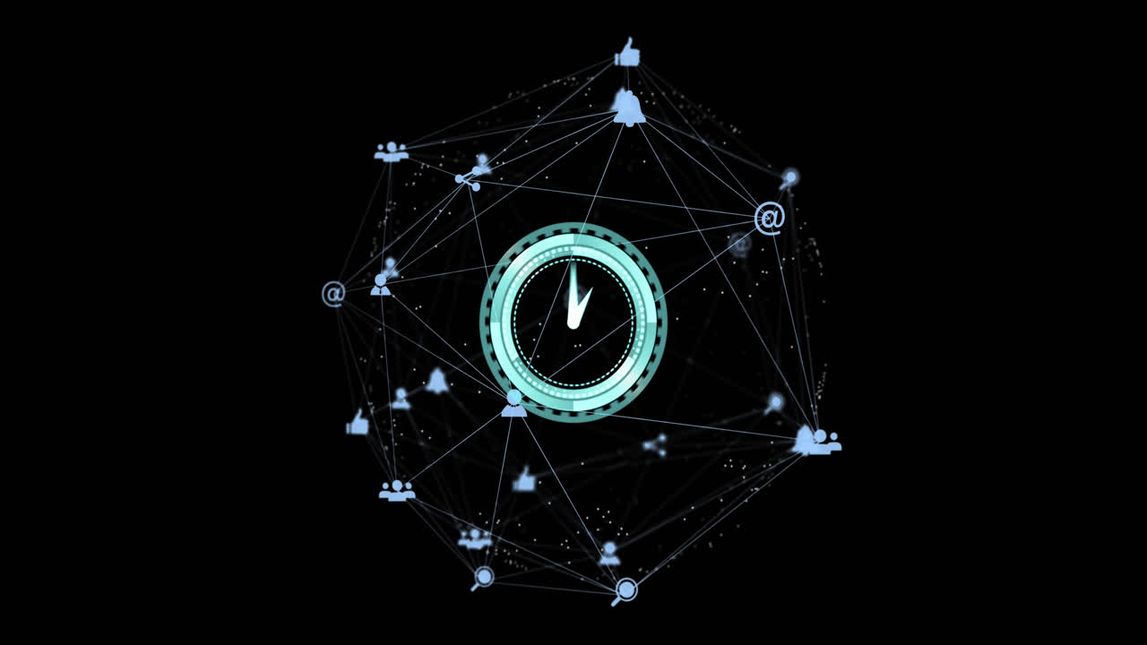 Animation of digital clock over connected dots forming globe against black background