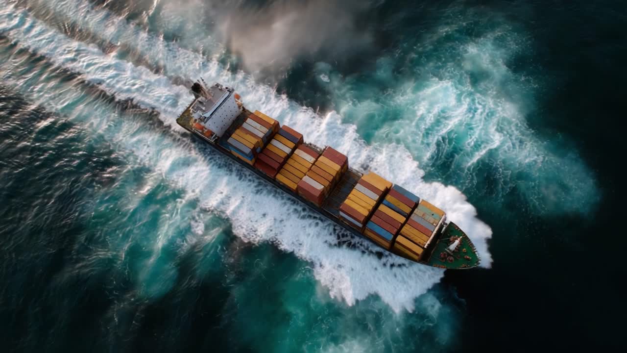 Aerial View of Cargo Ship Navigating Through Turbulent Waters with Colorful Shipping Containers - Maritime Logistics in Action