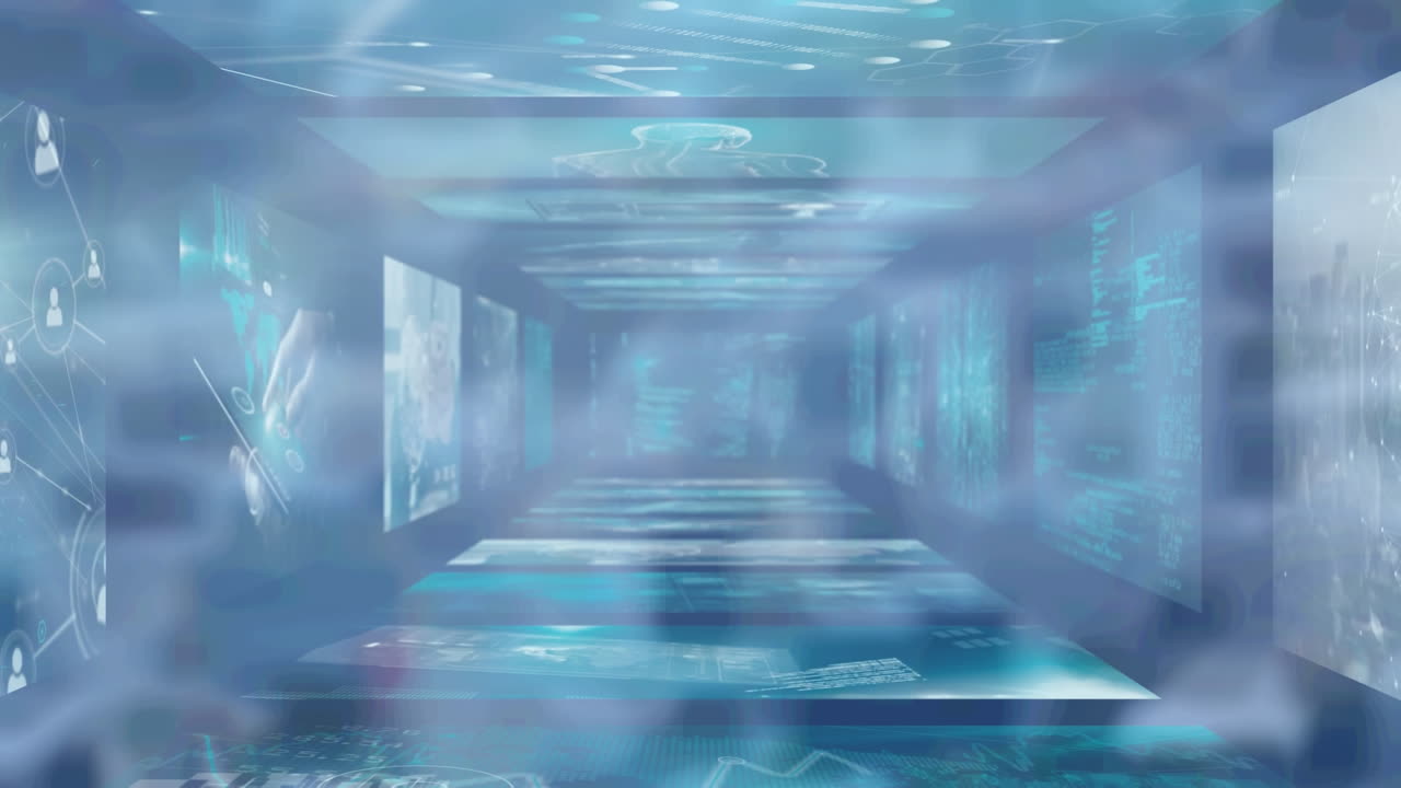 파란색 배경 위의 화면에서 다양한 데이터의 애니메이션