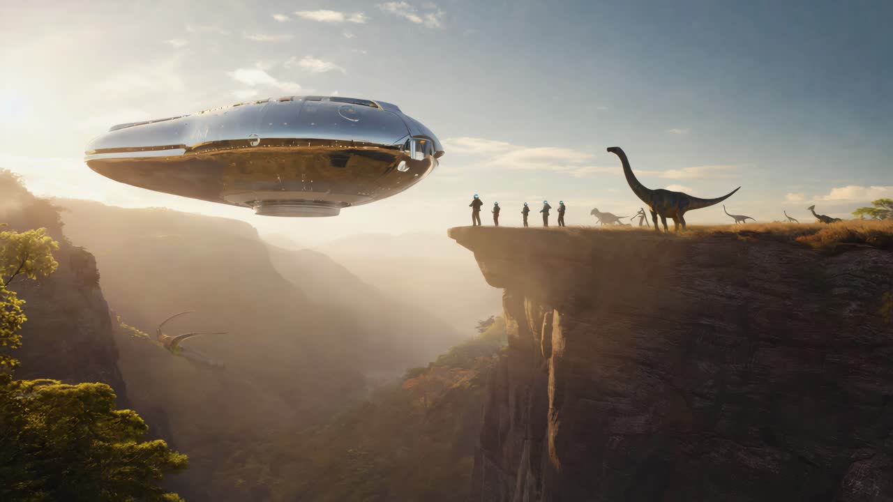 Explorers with a futuristic spaceship encounter dinosaurs on a cliff
