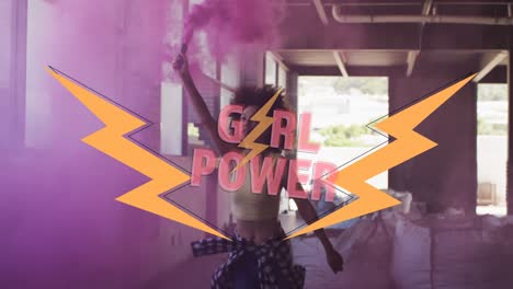 Animation-of-girl-power-text-over-woman-holding-smoke-flare