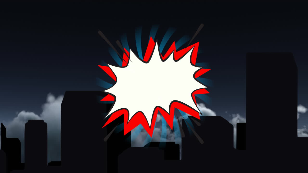 밤하늘의 구름을 배경으로 높은 건물의 실루 ⁇  위에 레트로 스피치 버블