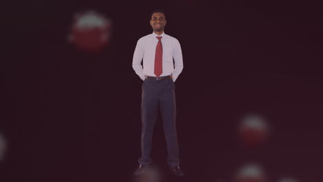 animación de un empresario afroamericano de pie con los brazos detrás de las células sanguíneas infectadas