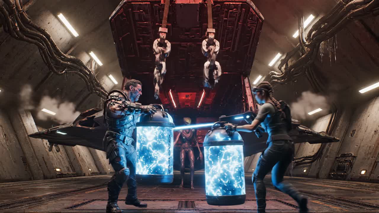 Sci-fi team working in a futuristic tunnel