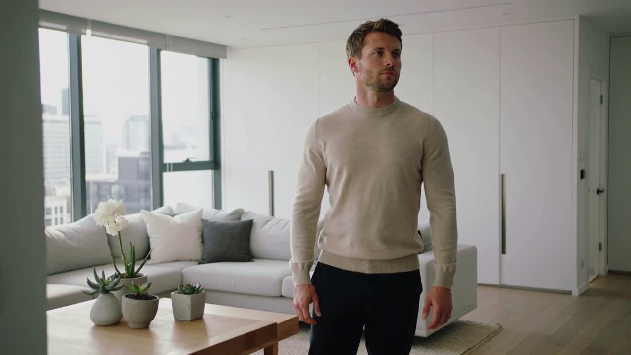 L'uomo con il maglione beige si muove all'avvio della telecamera, aggiustando la postura e osservando la finestra nell'appartamento.