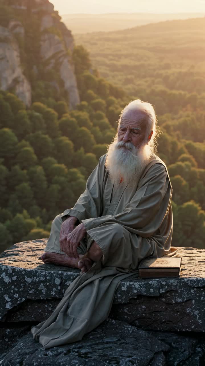 Elderly man in robes sits on a cliff edge at sunset, captured in a wide-angle shot