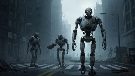 a mysterious dystopian scene featuring intriguing robots roaming through a desolate urban environment, capturing the essence of technology and isolation