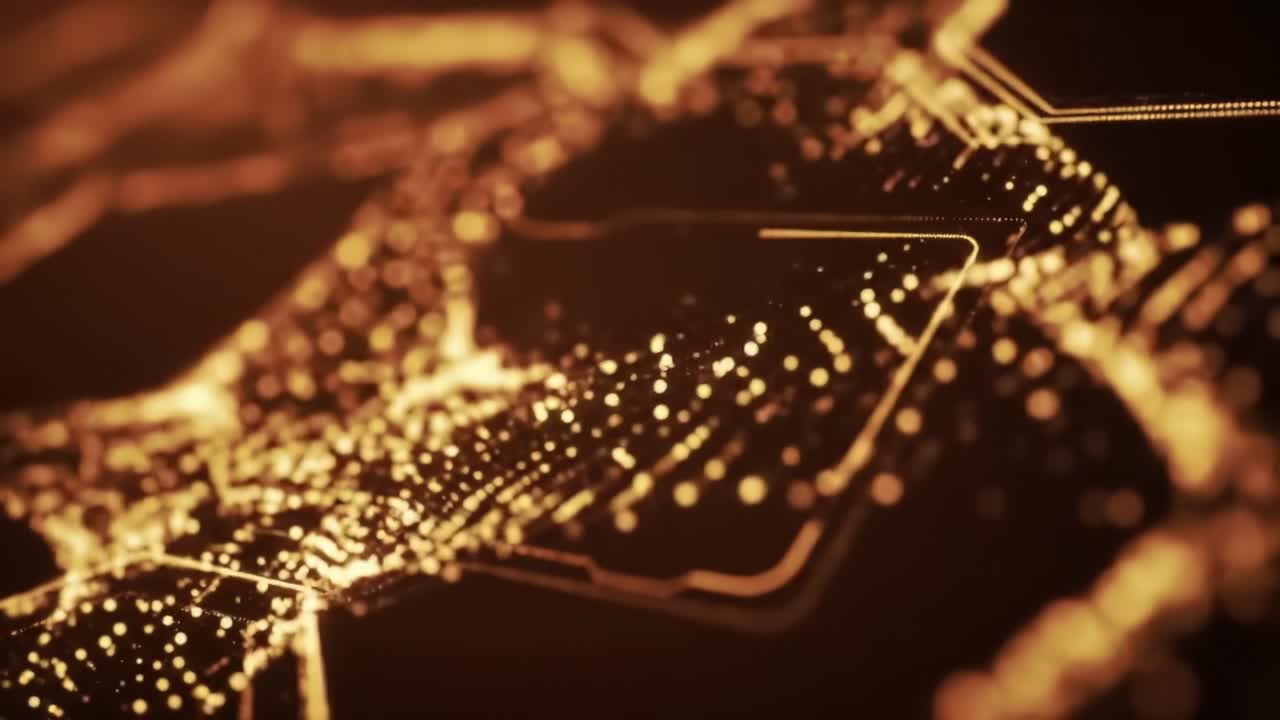 Stunning Visuals of Golden Geometric Abstraction Highlighting Dynamic Digital Patterns and Illuminated Network Connections with Glowing Particles