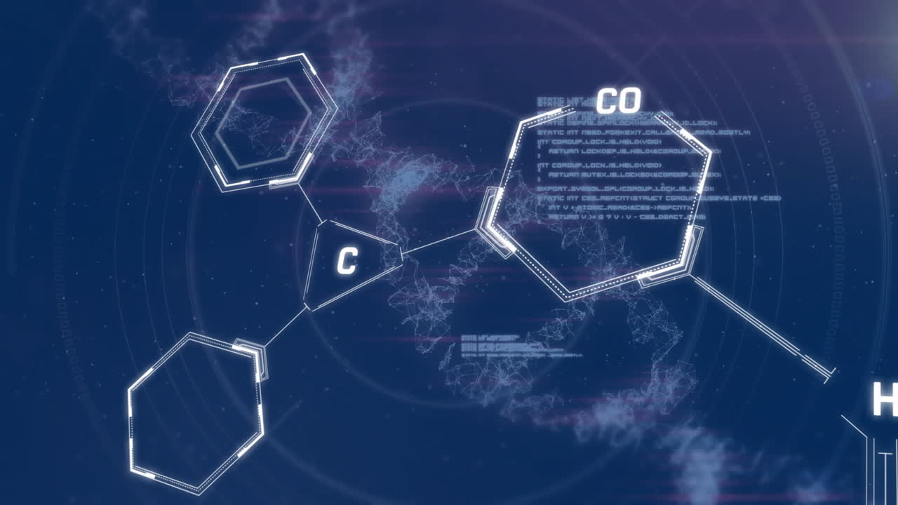 파란색 배경에 dna 줄에 대한 데이터 처리를 가진 화학 공식의 애니메이션