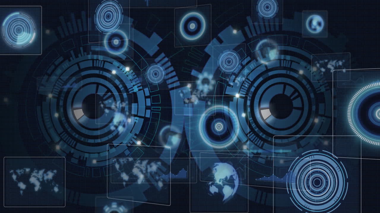 Two large concentric HUD circles glowing, showing data flow and node connections over dark grid