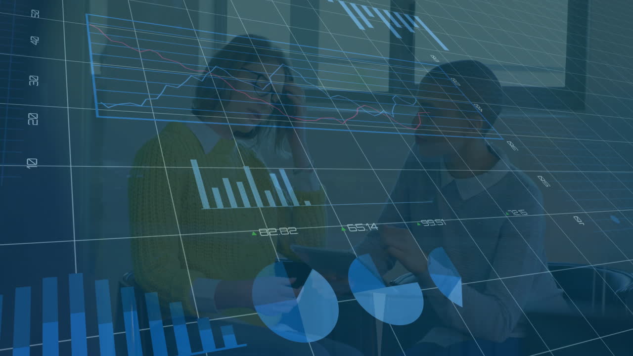 Animation of financial data processing over diverse business people in office
