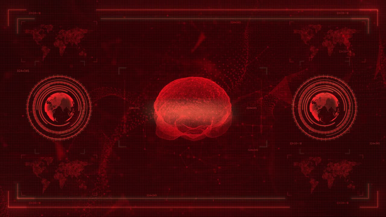 Artificial Intelligence in a Digital World: Abstract Brain Map with Global Business and Cyberpunk Technology UI Elements