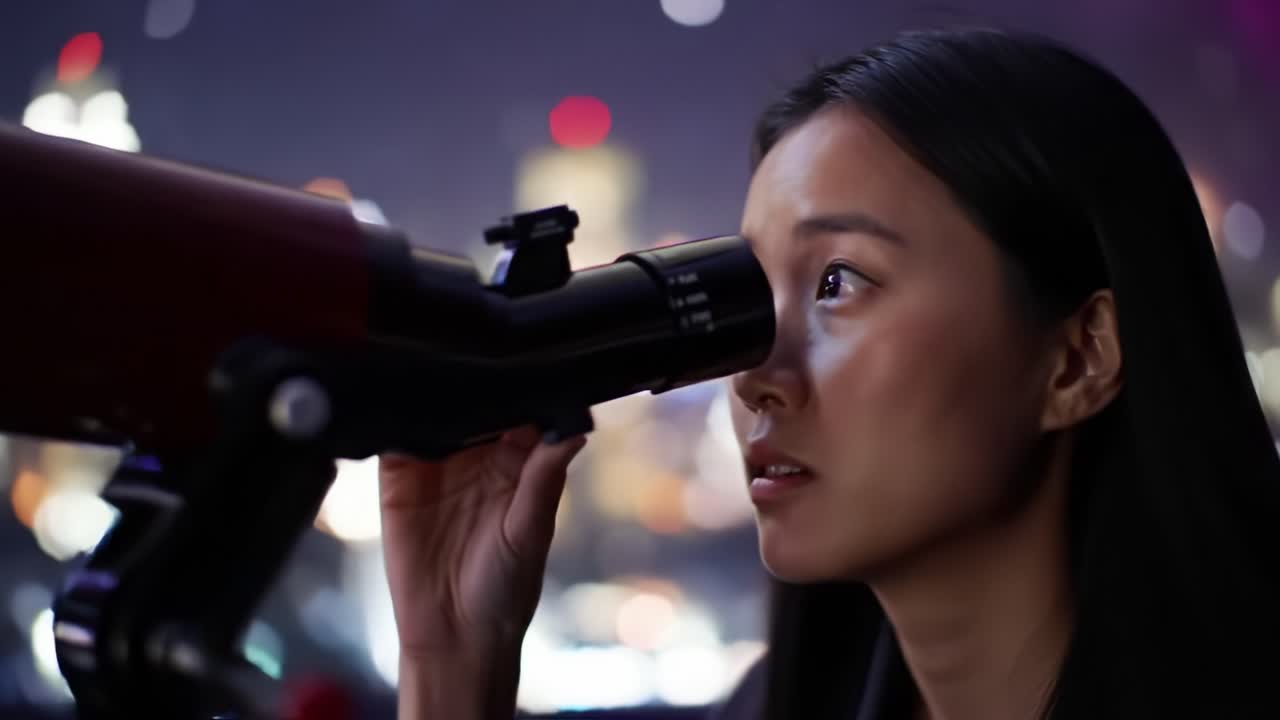 A Young Woman's Captivating Gaze Through a Telescope, Capturing the Wonders of the Night Sky and City Lights in a Stunning Urban Landscape