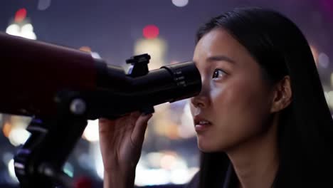 a young woman's captivating gaze through a telescope, capturing the wonders of the night sky and city lights in a stunning urban landscape