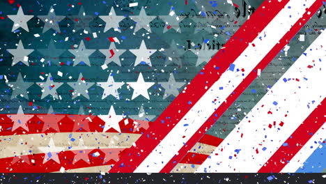 animation of red, white and blue confetti and stars and stripes patterns of american flag elements