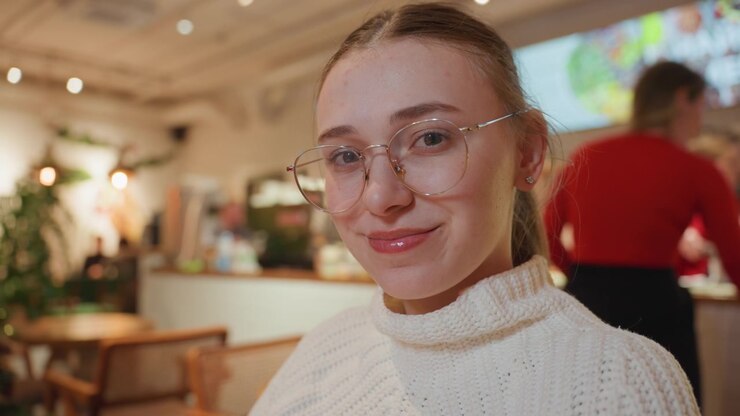 Happy Young Woman with Glasses Looking at Camera in Cafe