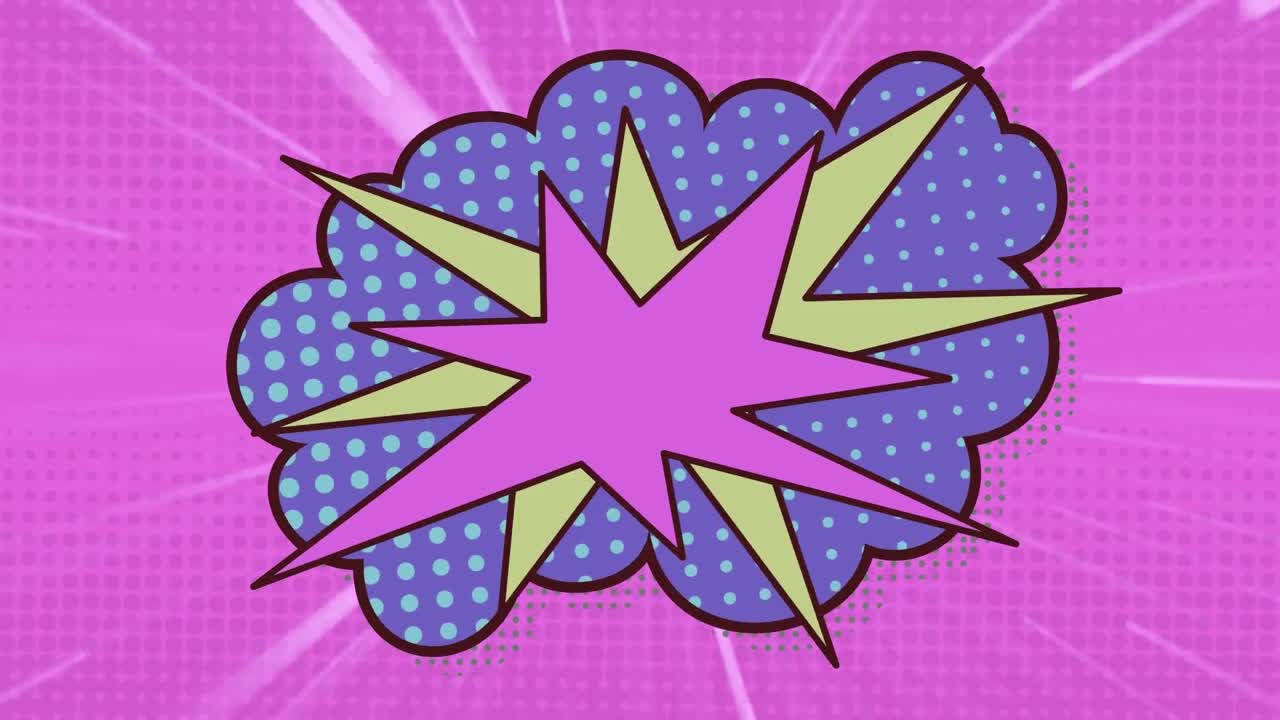 animación de una burbuja de habla de dibujos animados vintage con estrellas de explosión que se mueven sobre un fondo púrpura