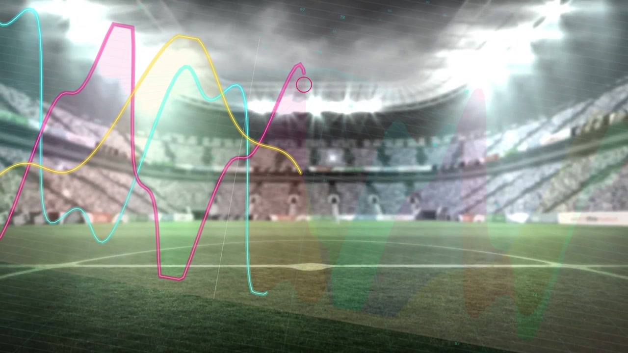 Color traces rising from left tracing wavy lines crossing, settling over center circle showing data