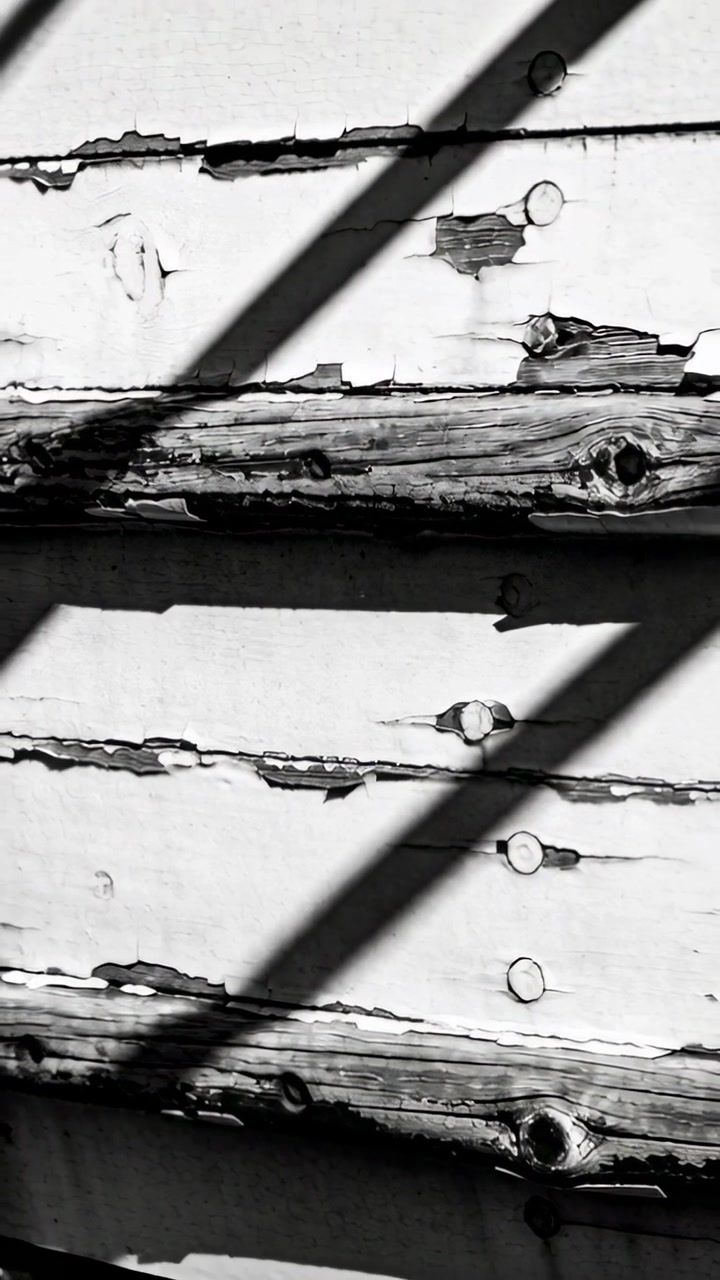 Video verticale: Mostrando rivestimento in legno, all'esterno, vernice scrostata, chiodi, sole che proietta un'ombra angolata in movimento.