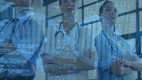 medical professionals standing in clinic, displaying stethoscopes and health tech code overlay