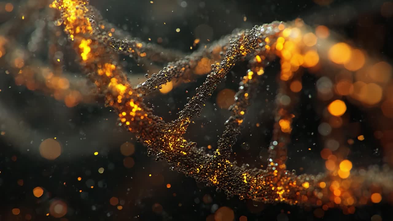 Primo piano ipnotizzante di un'elica di DNA attorcigliata che scintilla di particelle dorate, illustrando le complessità della struttura genetica e della biologia molecolare