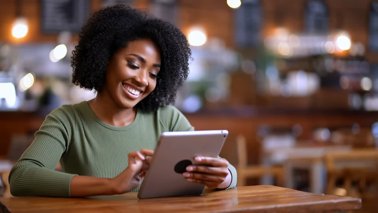 Smiling Woman Using a Tablet in a Cafe