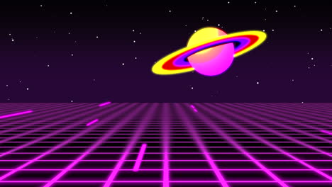 gráfico vibrante al estilo de los años 80 de un planeta con anillos que cambian de color