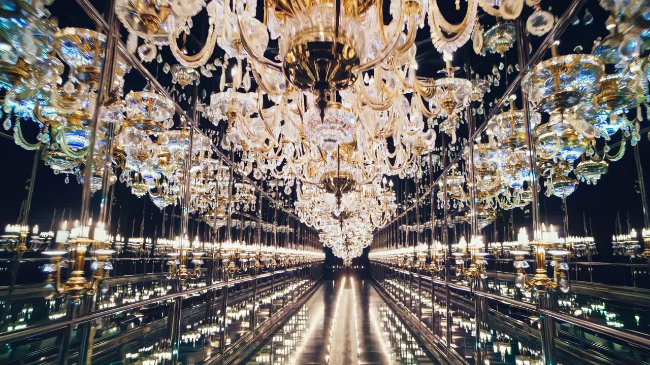 Eleganti riflessi di lampadari in un corridoio con specchi