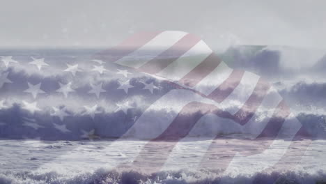 animation of flag of america waving over waves breaking in sea