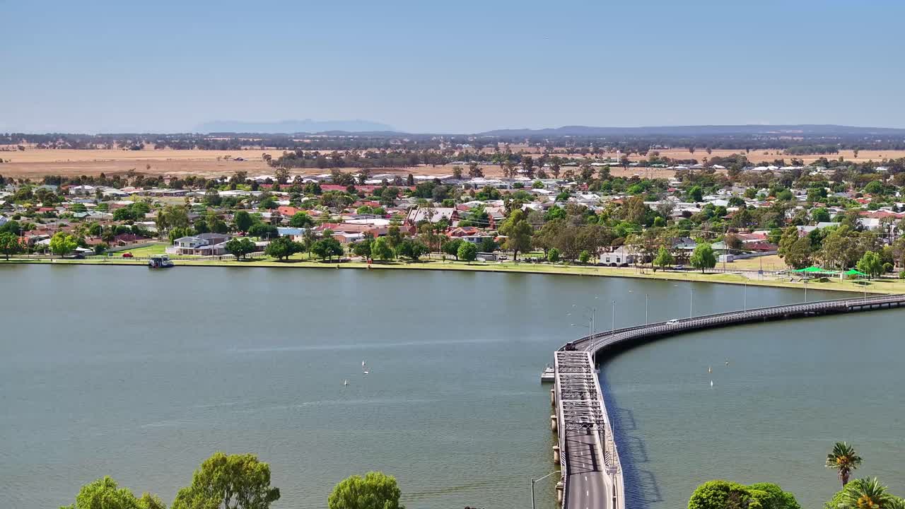 Aerial over the bridge and towards the town of Yarrawonga in the background