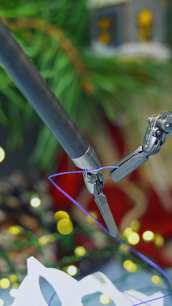 Smart cyber machine preparing decorations for Christmas tree. Robotic industry on New year background. Future innovations. Vertical video