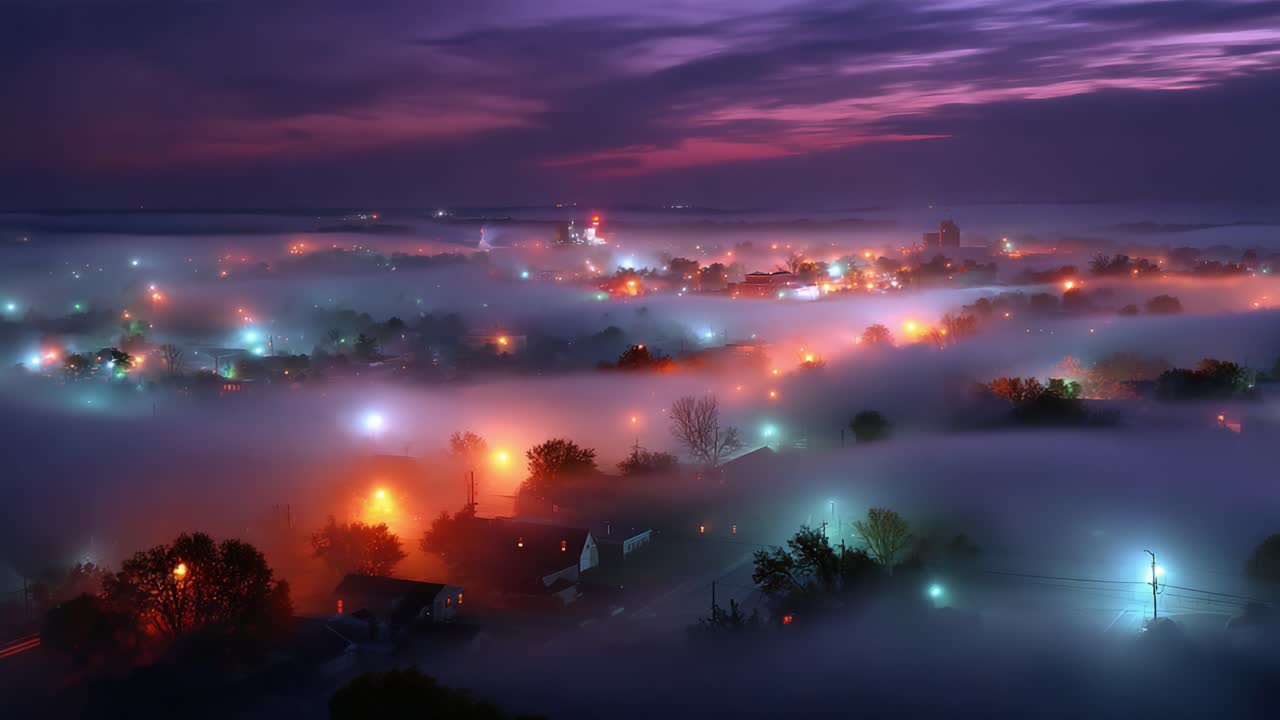 A Serene Misty Evening: Captivating View of a Tranquil Cityscape Blanketed in Fog and Illuminated by Vibrant Nighttime Lights