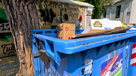 recycling bins filled with cardboard and waste