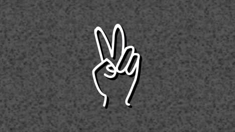 Animation-of-white-neon-peace-sign-hand,-on-grey-background