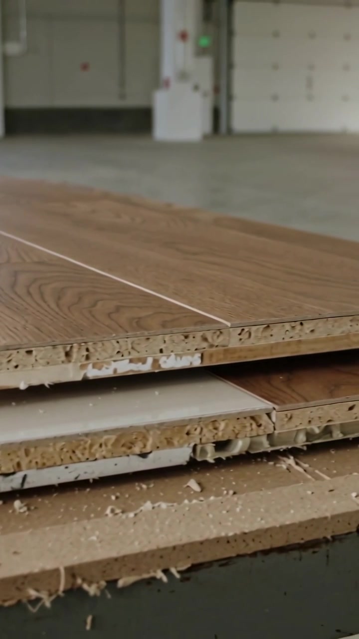Vertical video: Panning camera over stacked laminate planks on bench in hall, showing core layers