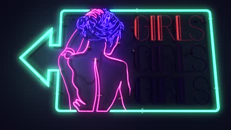 realistic 3d render of a vivid and vibrant animated flashing neon sign for an adult club depicting the words girls girls girls, with a black background