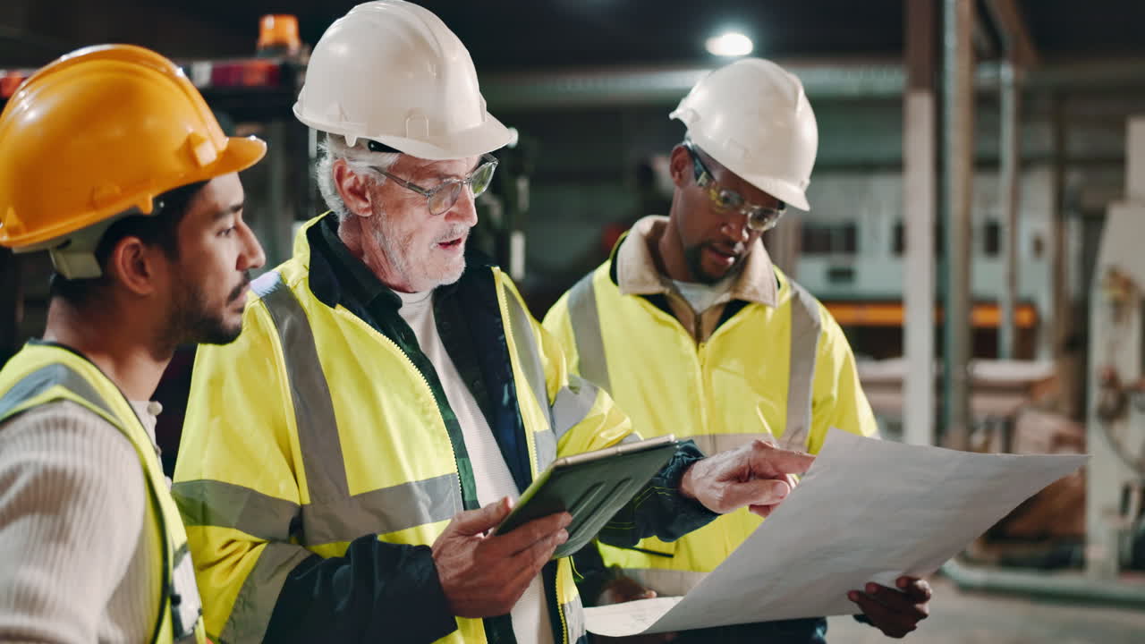 Construction Workers Discussing Blueprint at Construction Site