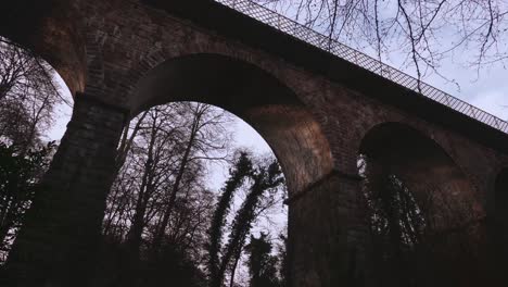 looking up at stone bridge in forest