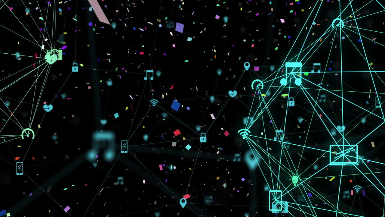 Data processing animation with network connections over colorful confetti background
