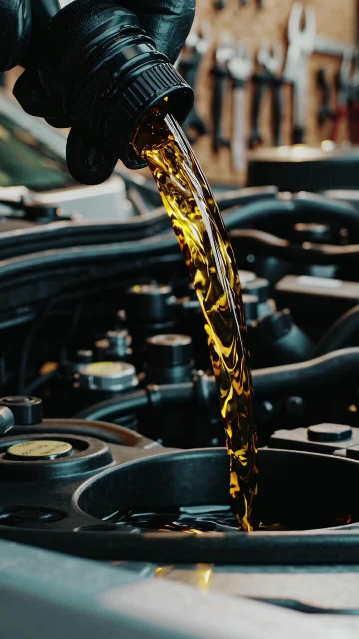Close-up, high-angle shot of motor oil being poured into an engine, capturing the fluid motion