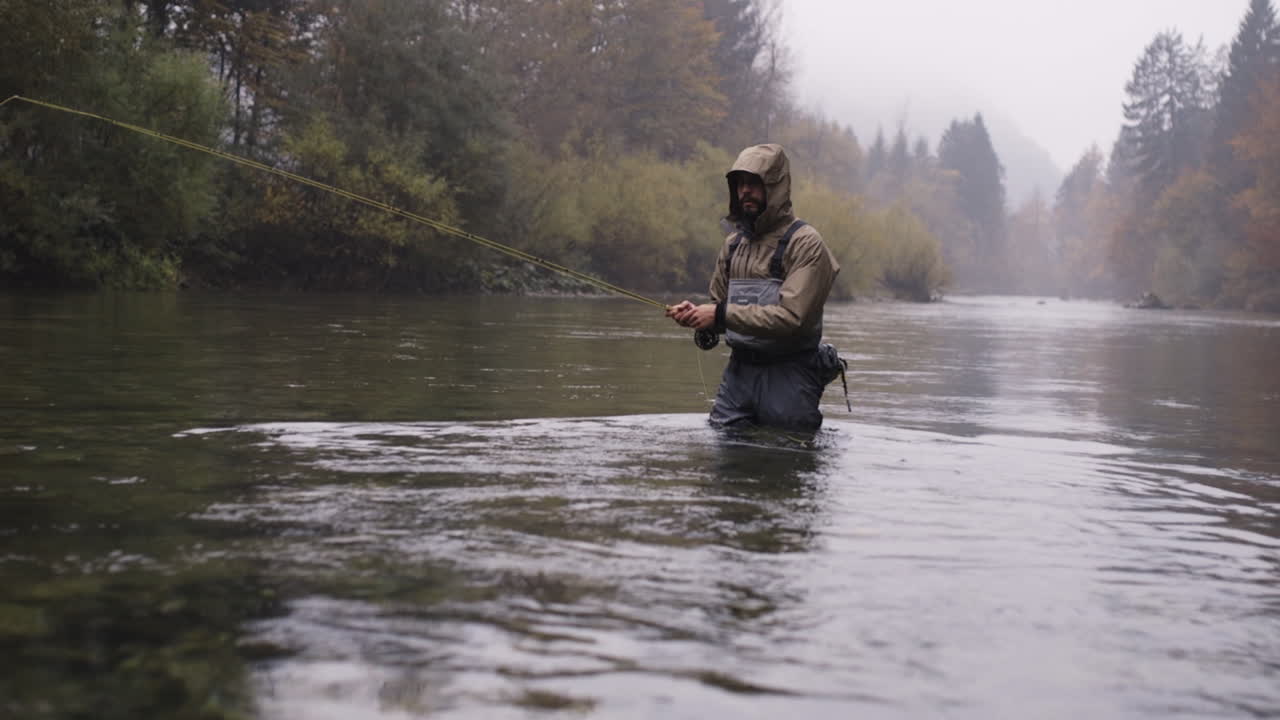 Man Fly Fishing in a River During Autumn