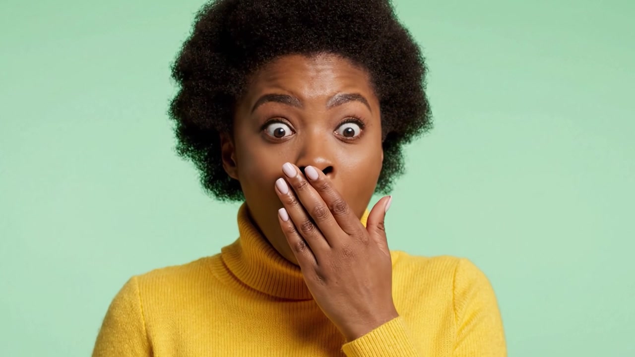 Surprised Expression of a Young Woman with Natural Hair in a Yellow Turtleneck Sweater Against a Soft Green Background Captured in Two Distinct Frames