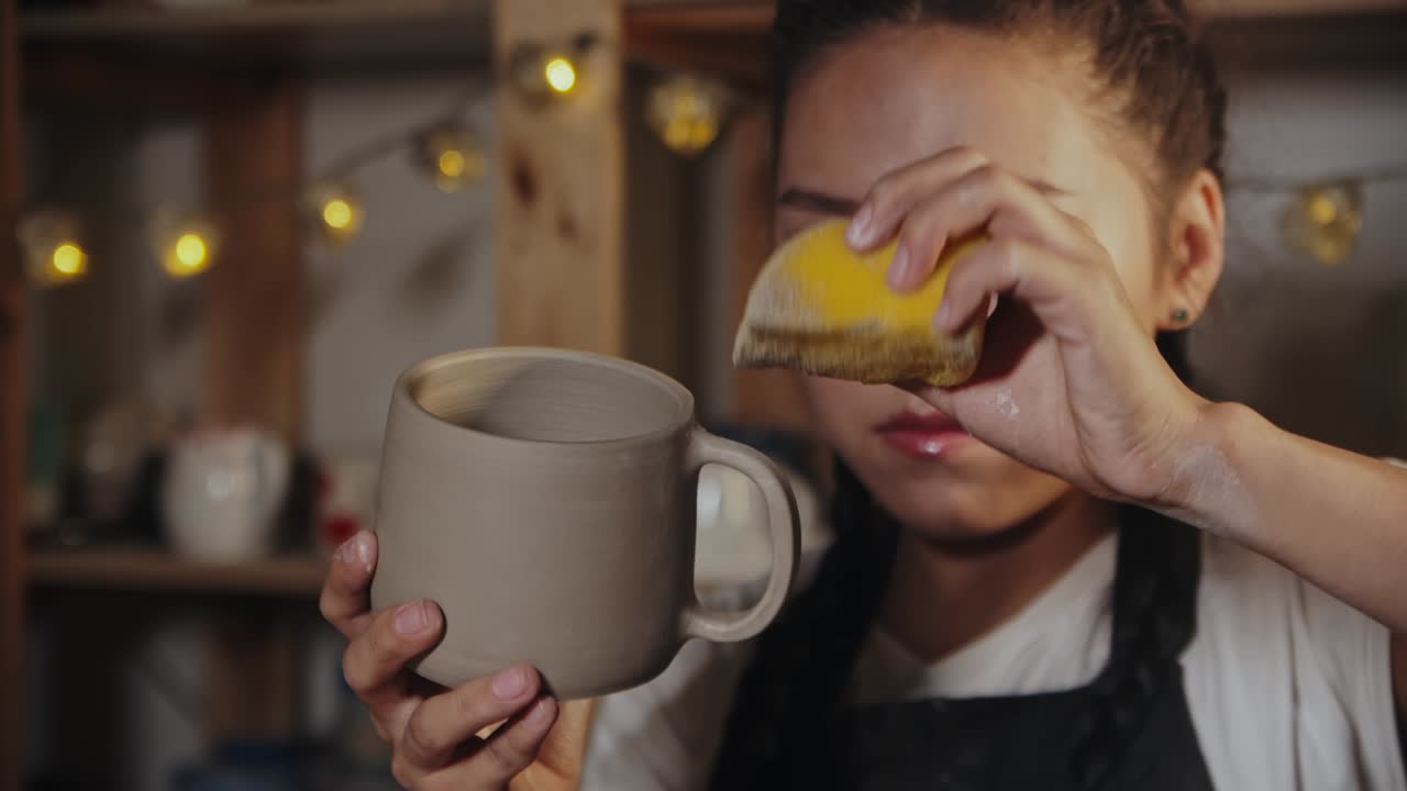 mujer joven alfarera suavizando la superficie del mango de la copa usando una esponja