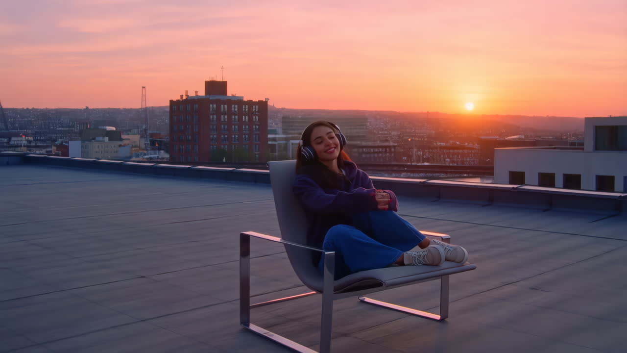 Young Woman Enjoying Music on a Rooftop at Sunset