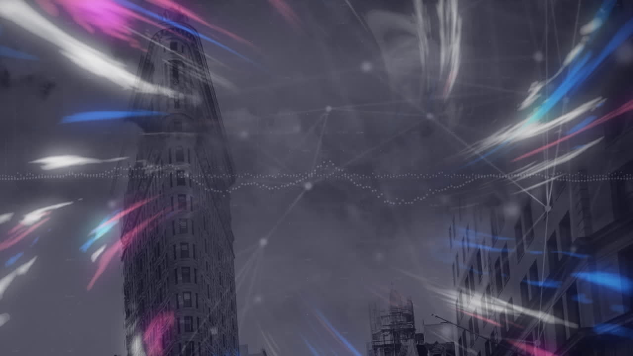 Animation of digital waves, data processing and network of connections against tall buildings