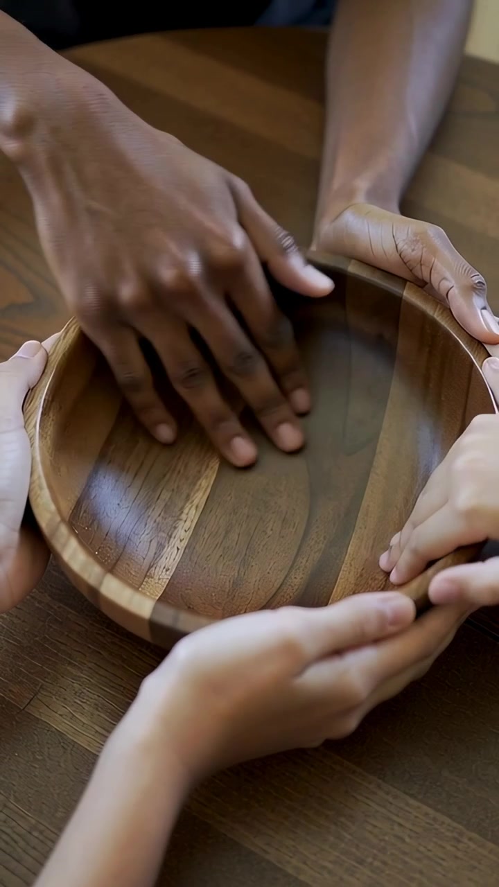 Vertical video: Reaching adult hand sweeping wooden bowl on home table, steadying rim
