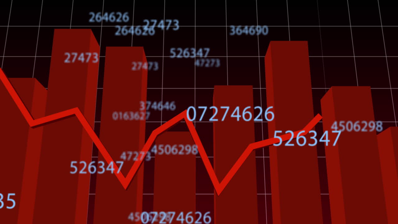 animación de la interfaz digital con números cambiantes, procesamiento de datos financieros y estadísticas
